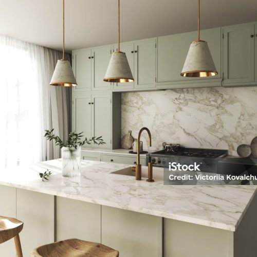 Modern Japandi mock up room interior design and decoration with green pastel counter and cabinet. Wooden chair and twigs in vase. 3d rendering kitchen. High quality 3d illustration.